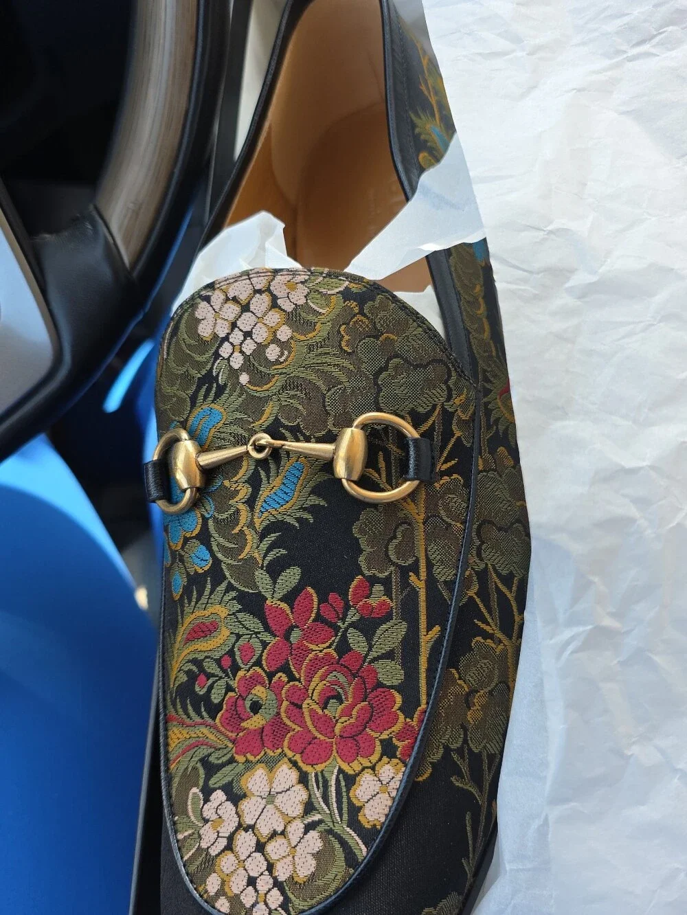 Gucci Floral Jacquard Horsebit Loafer in Black with Red & Blue Accents - Picture 7 of 10